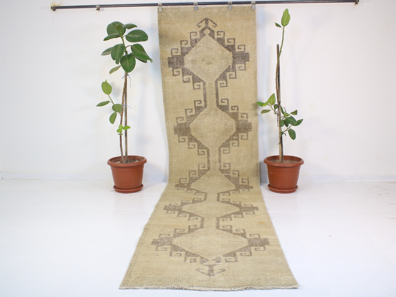 38″x148″ Beige Brown Vintage Turkish Runner Rug – Handmade Wool Hallway Carpet