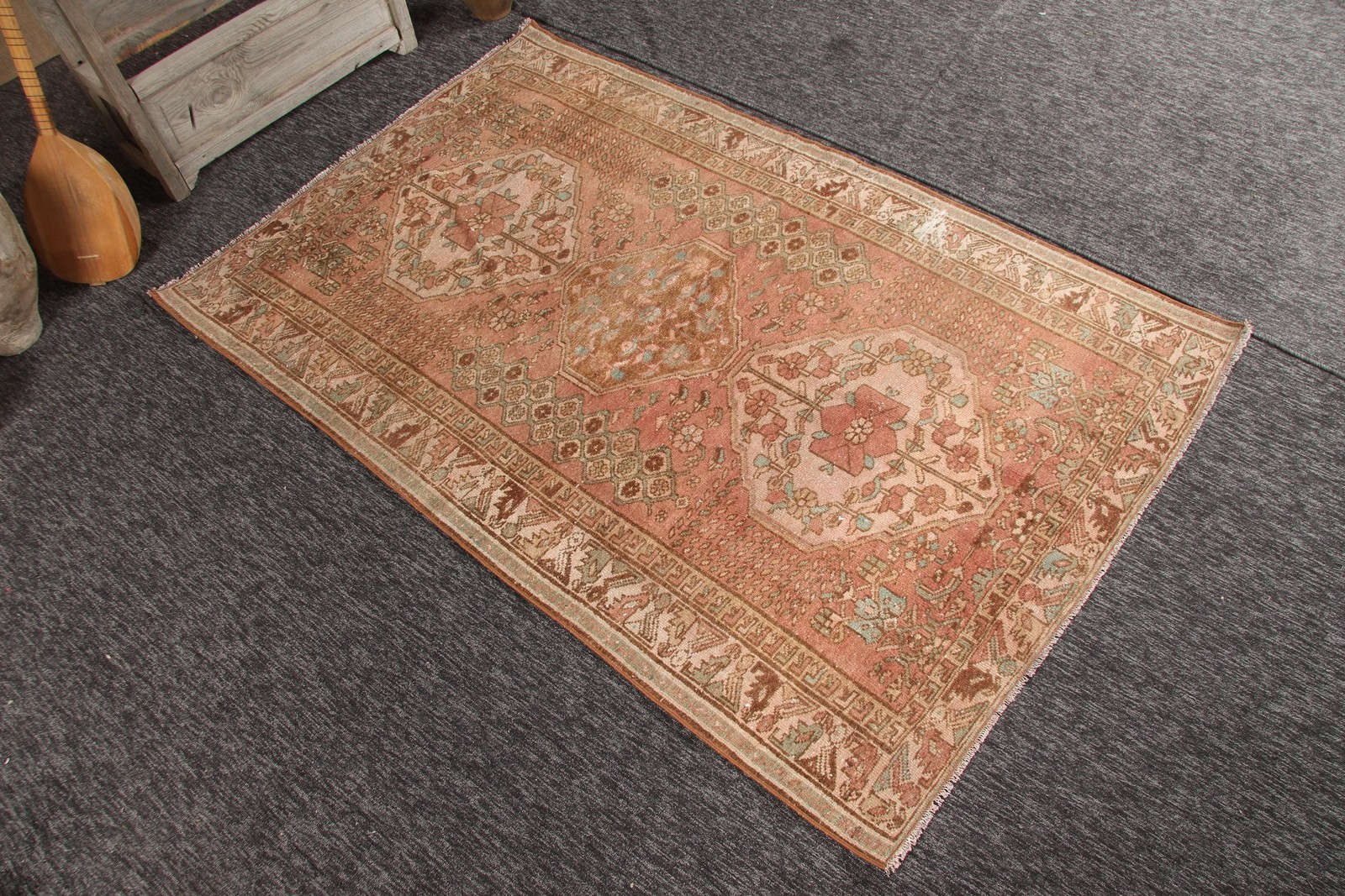 Turkish Area Rug 4,2×6,46 ft, Brown Striped Vintage Wool Rug
