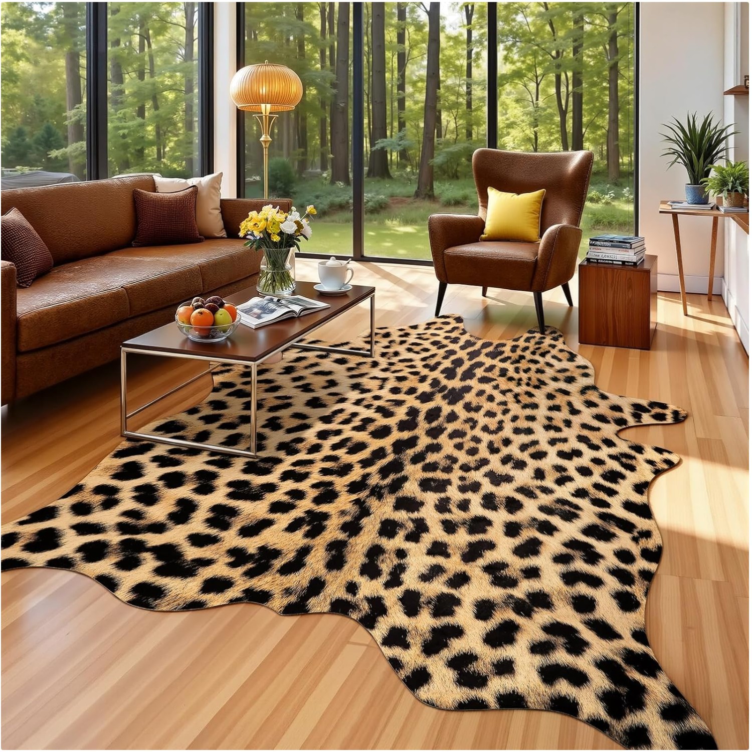 Chic Leopard Print Rug 4.6×5.2 Feet – Machine Washable Faux Fur for Home Decor