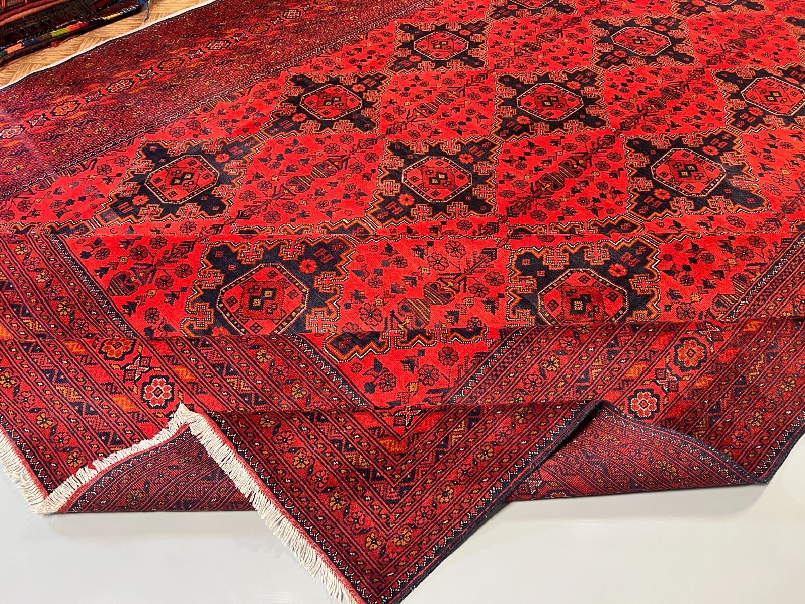 9’11 x 13’3 Ft Striking Afghan Tribal Hand Knotted Wool Rug Red Navy Geometric