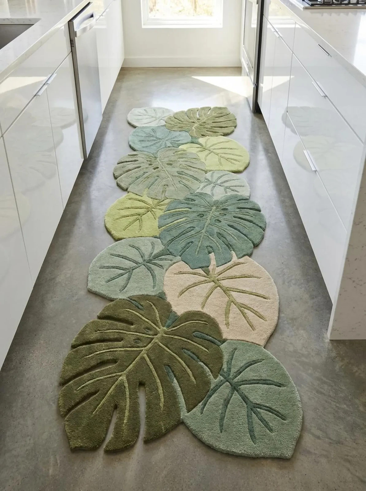 Hand Tufted Leaf Runner Rug, Botanical Hallway Carpet, Monstera Tropical Runner