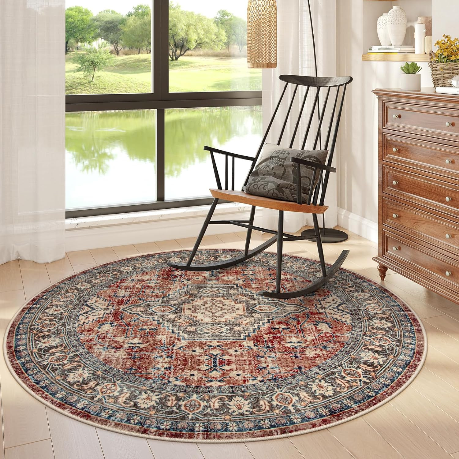 4Ft Round Oriental Rug Brick Red Washable Non-Slip Ultra-Soft Vintage Carpet