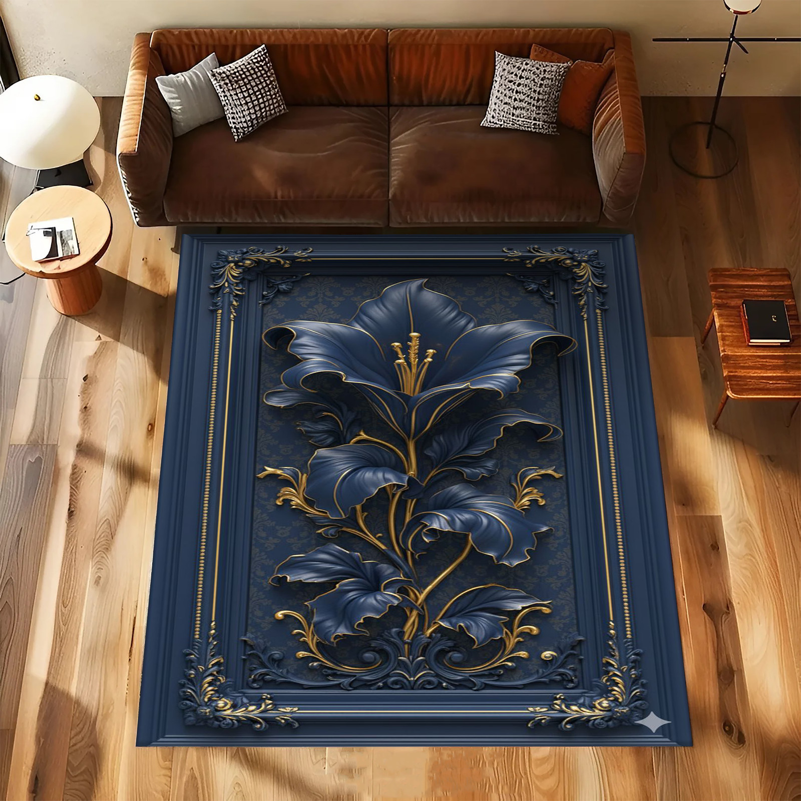 Royal Navy Lily 3D Rug – Luxury Gold-Edged Floral Palace Floor Art