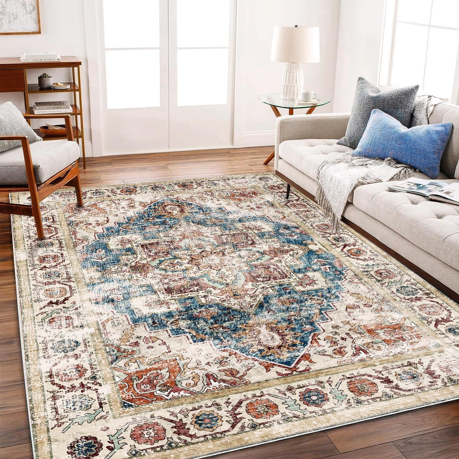 Soft Faded Boho Rug 5’x7′ – Living Room Distressed Throw Rug