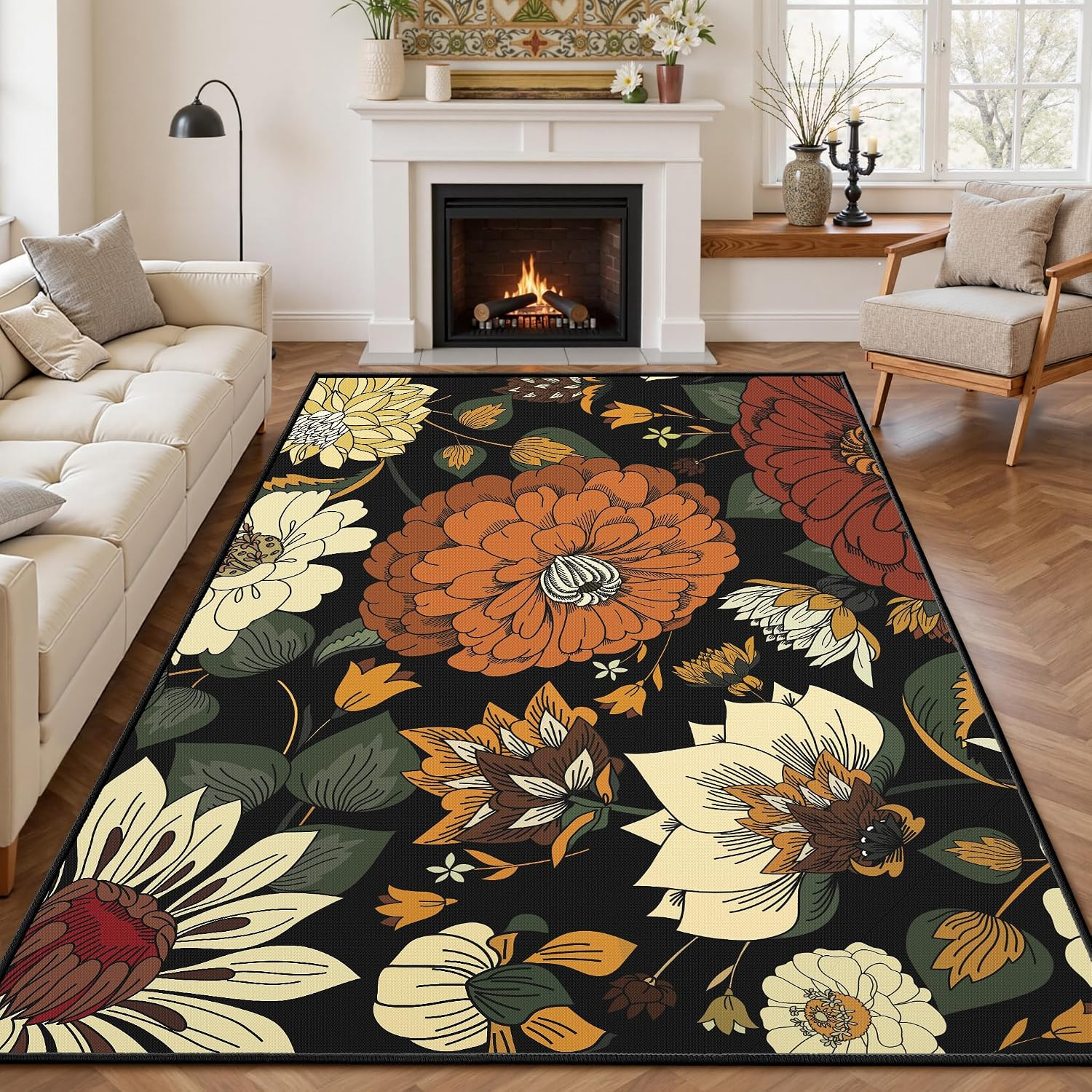 Black Boho Floral Living Room Rug, Ultra Thin Flat Woven 5X7 Rug Washable Botani