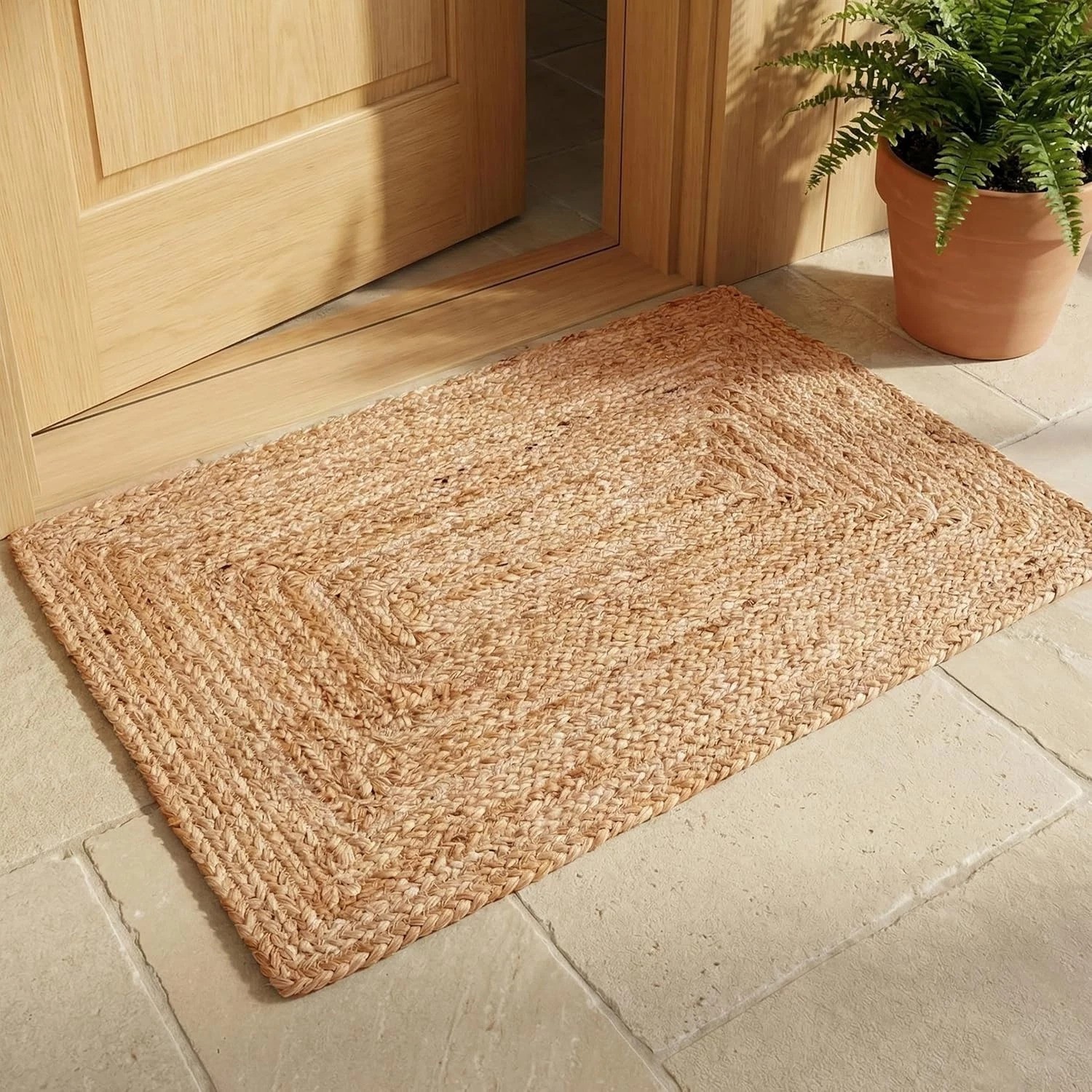 Handmade Reversible Jute Rug 2’x3′ – Aqua Blue Plaid for Coastal & Farmhouse