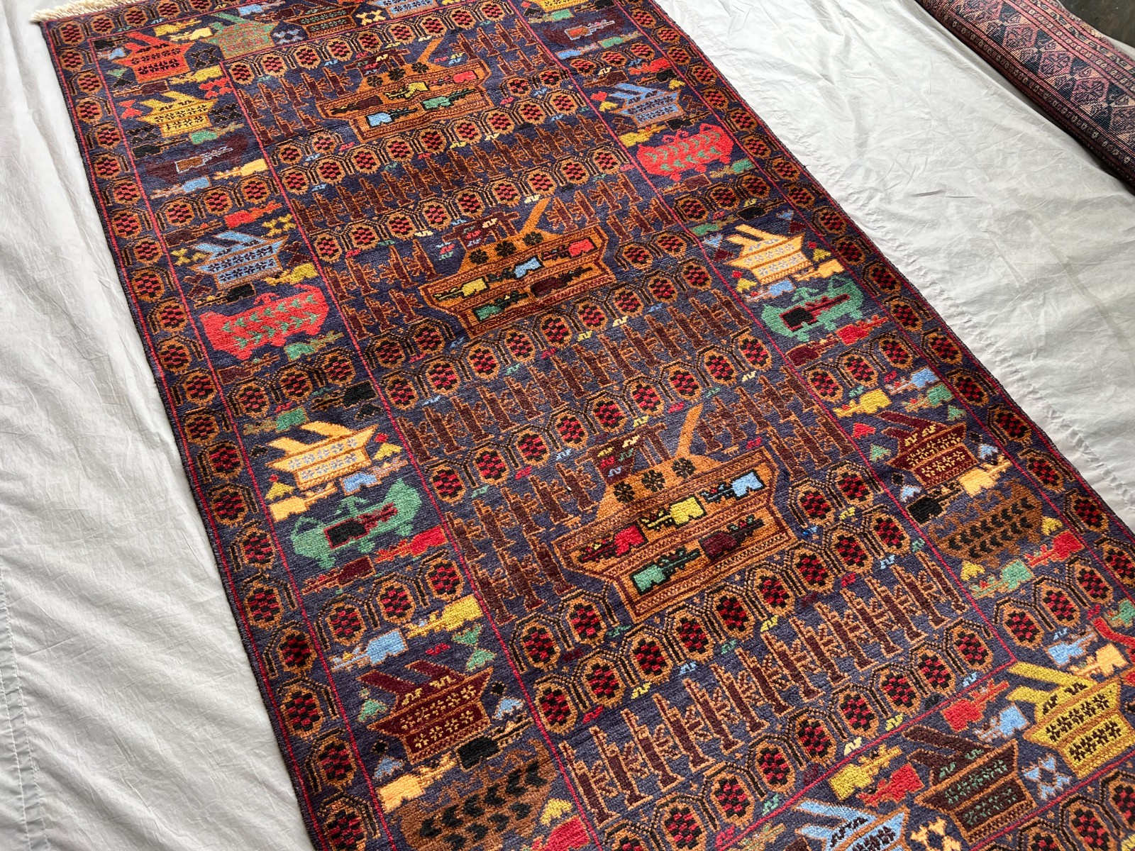 Navy Blue Afghan War Rug 4×7 Vintage Hand Knotted Wool Military Unique area rug
