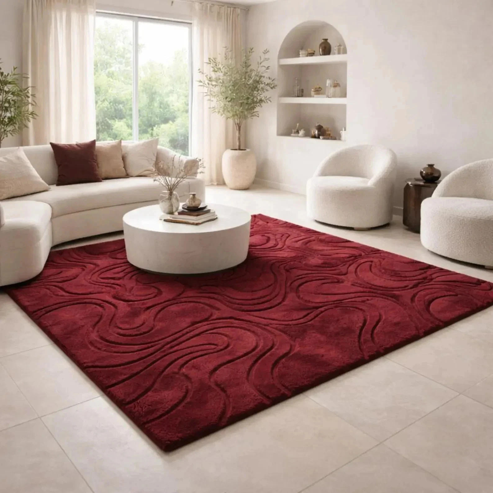Wine Red Abstract Hand Tufted Rug, Modern Carved Wool Area Rug, Luxury Room Rug