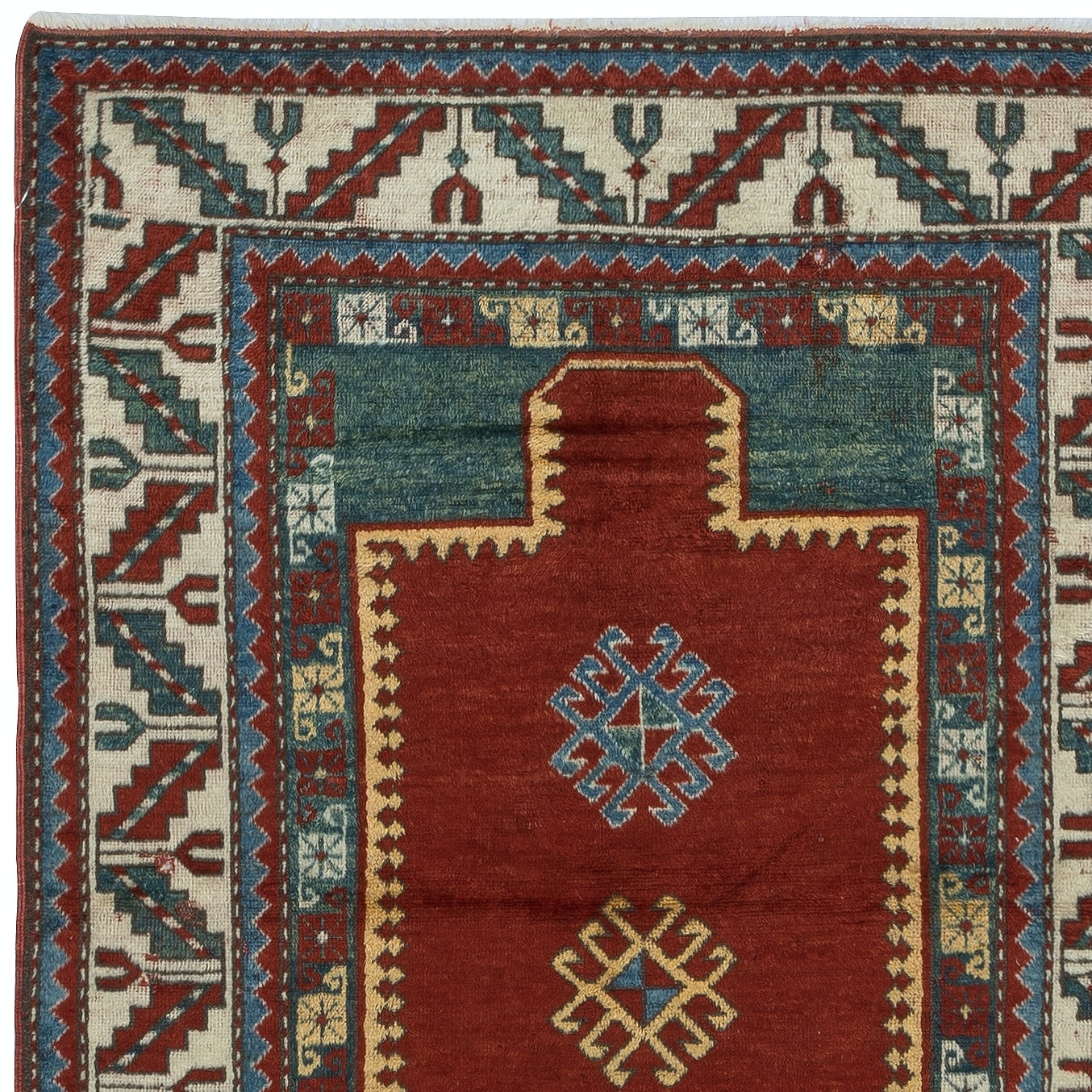 4×5.4 Ft Reproduction of an antique Caucasian Kazak Prayer Rug. 100% Wool
