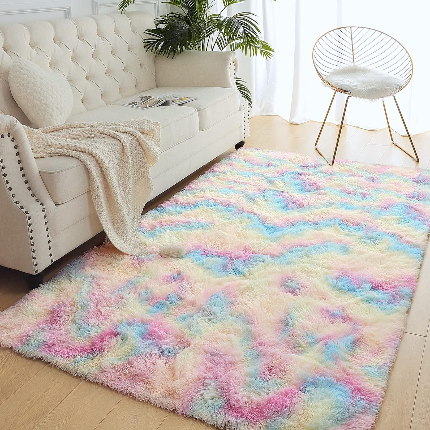 Soft Rainbow Area Rug, Fluffy Pink Girls Bedroom Rug, 3X5 Feet | Plush Fluffy Ru