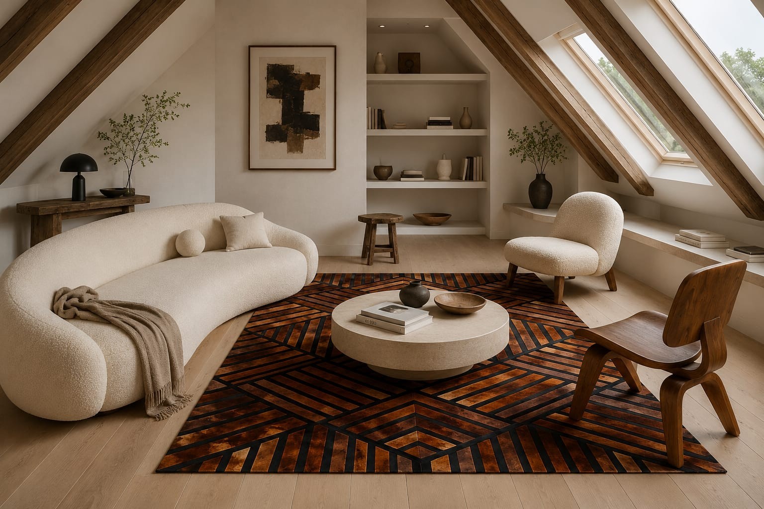 Hand Tufted Modern Geometric Area Rug – Brown & Black Abstract Wool Carpet – Lux