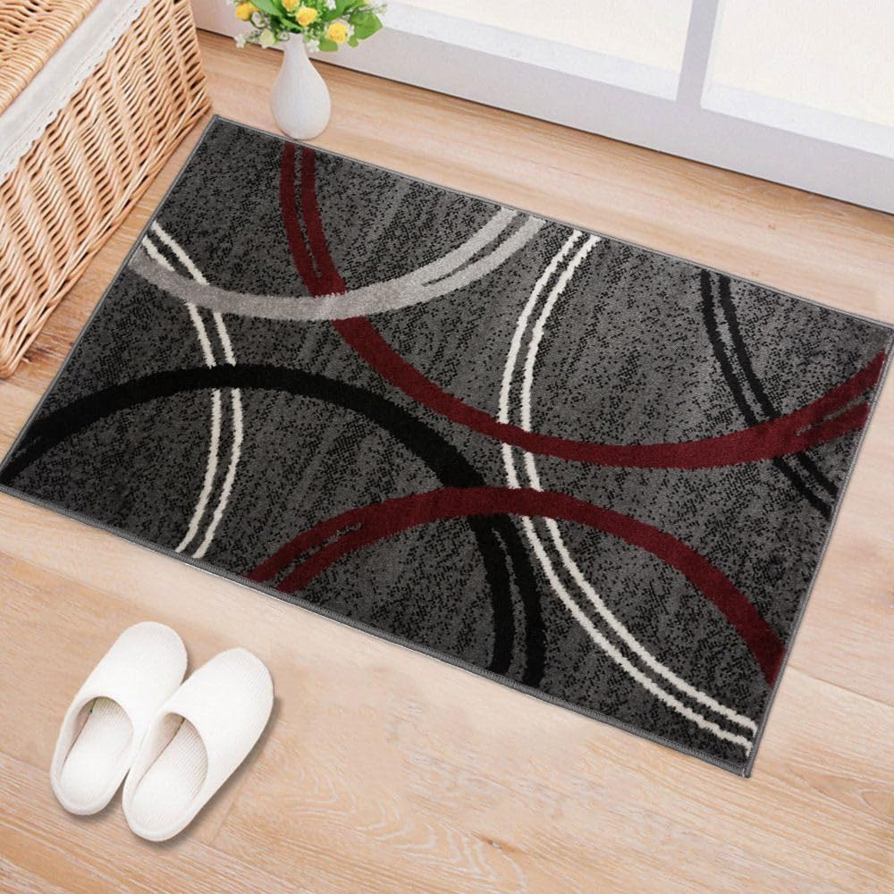 Modern Wavy Circles Design Non-Shedding Accent Rug, Carpet for Entryway or Bathr