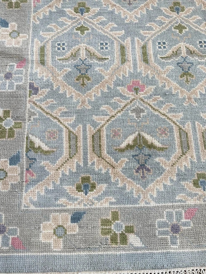 Hand Knotted Oushak Wool Rug Muted Blue Geometric Lattice Pastel Area Rug Carpet