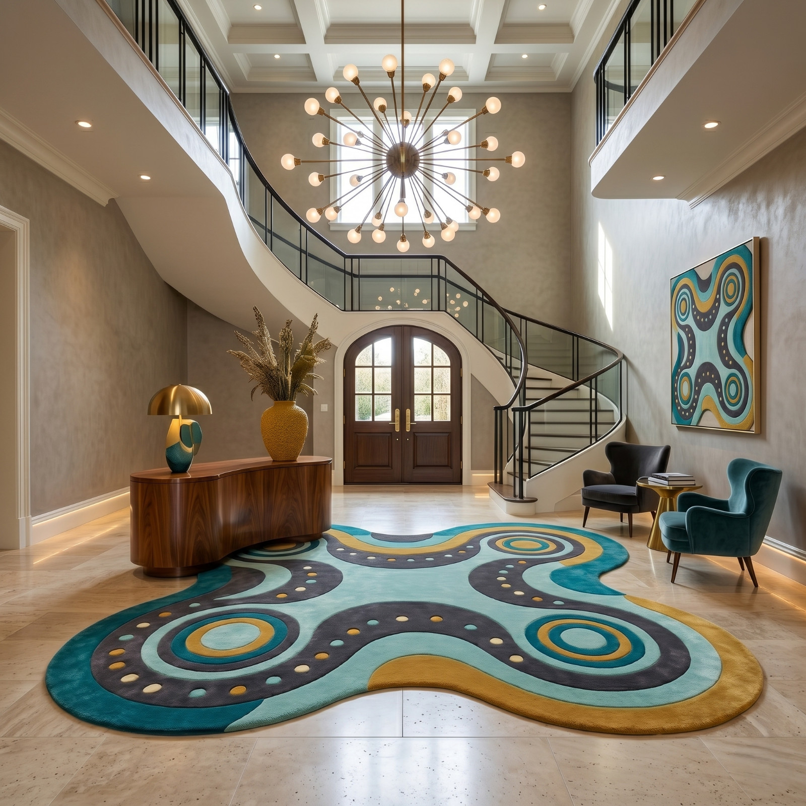 Modern Abstract Hand-Tufted Wool Area Rug Irregular Shape in Teal & Gold Color