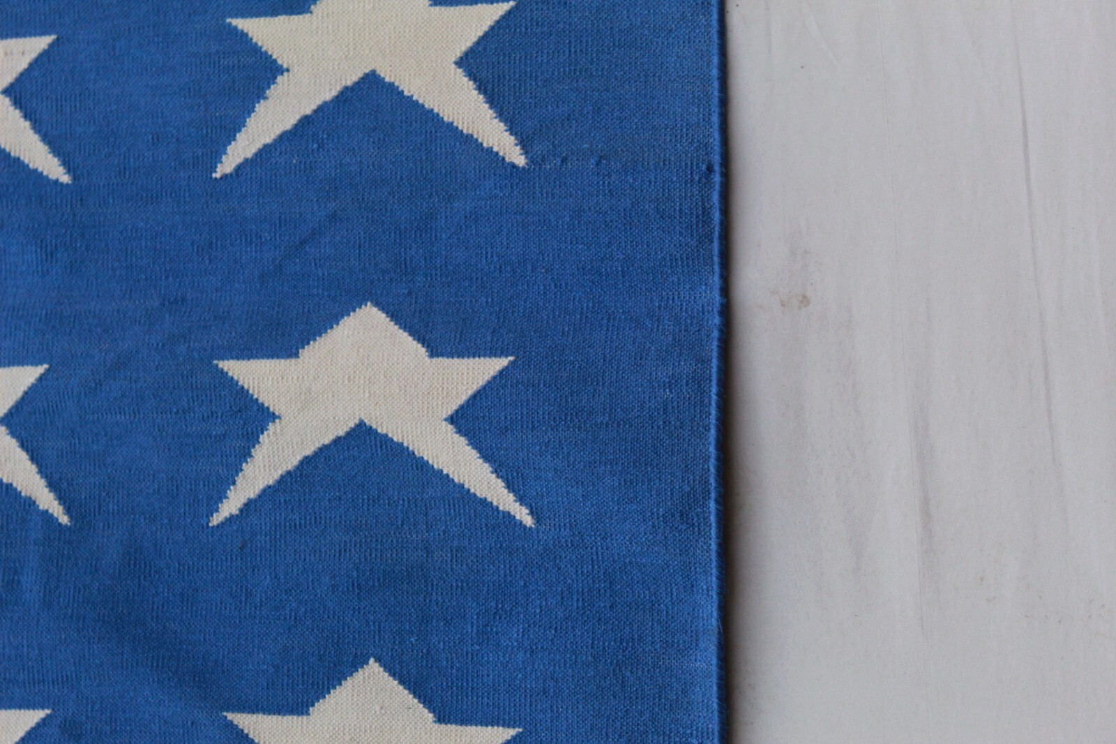 Handmade Sky Blue White Cotton Rug | Star Pattern Flatweave Carpet | Custom Size