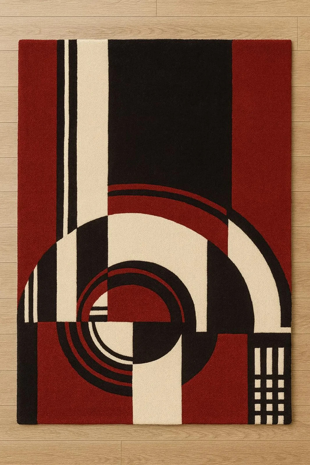 Modern Geometric Hand-Tufted Rug – Red, Black & Cream | Art Deco Style | Premium