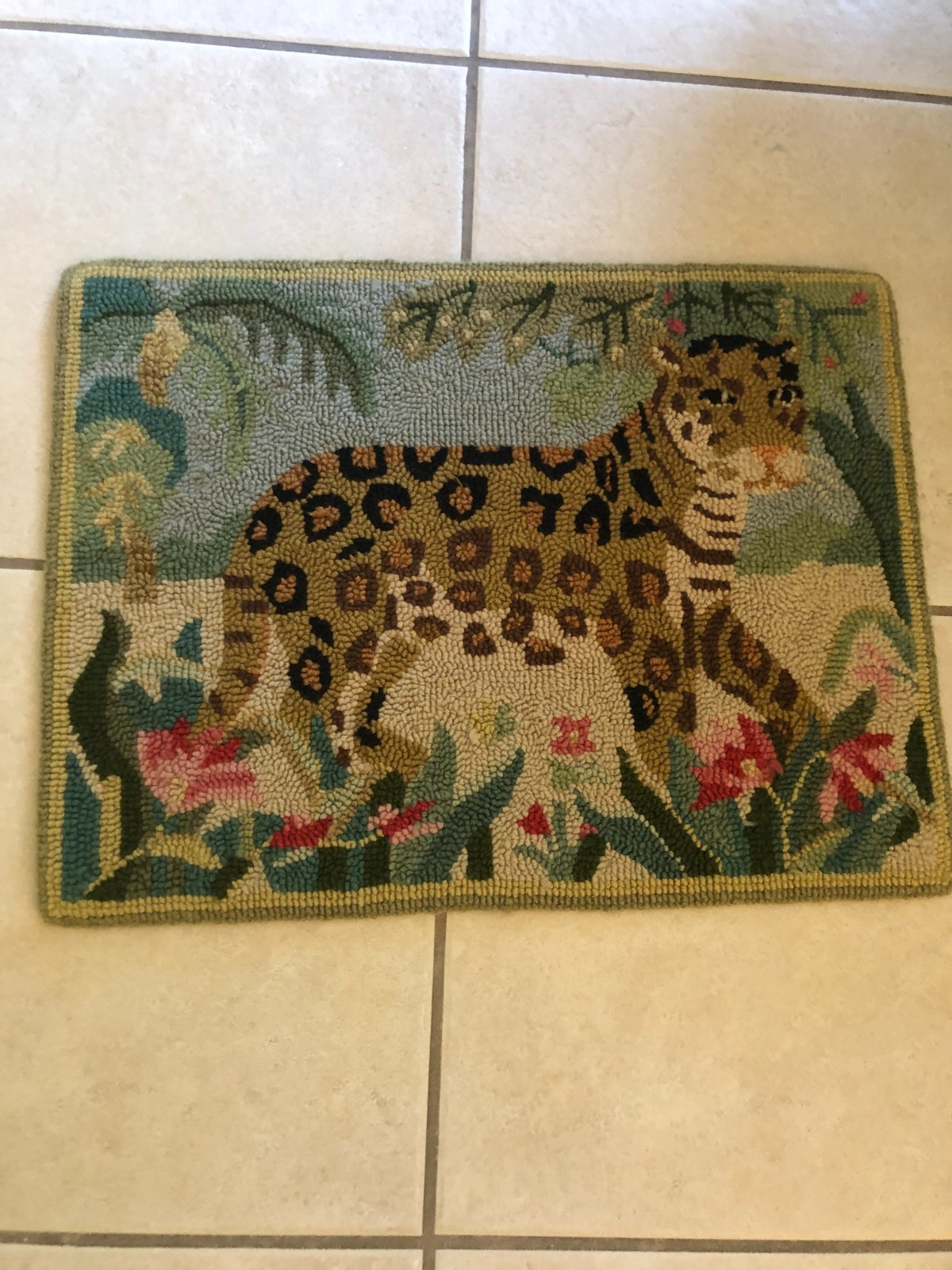 Needlepoint Rug 25 by 19 inches with lepoard in tropical floral habitat-green
