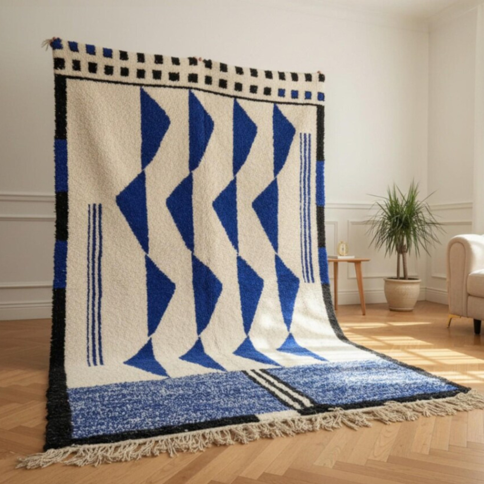 Handwoven Moroccan Style Wool Area Rug Blue White Modern Geometric Carpet