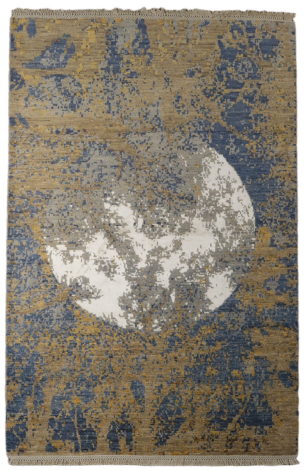 4×6 Abstract Area Rug Hand Knotted Wool Silk in Blue & Gold Brown Hues