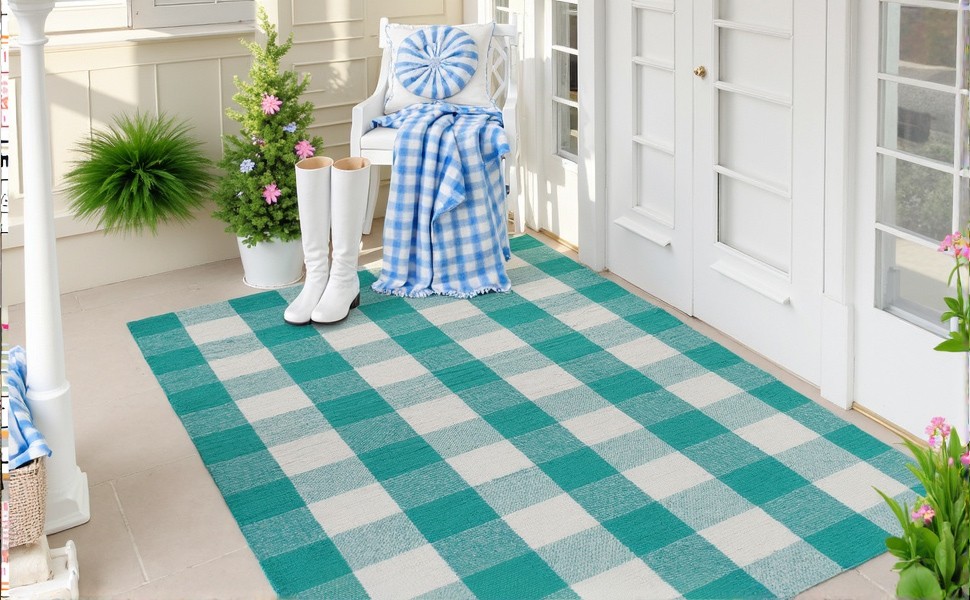 Buffalo Plaid Outdoor Rug 27.5″ x 43″ Teal Green and White Checkered Area Rug