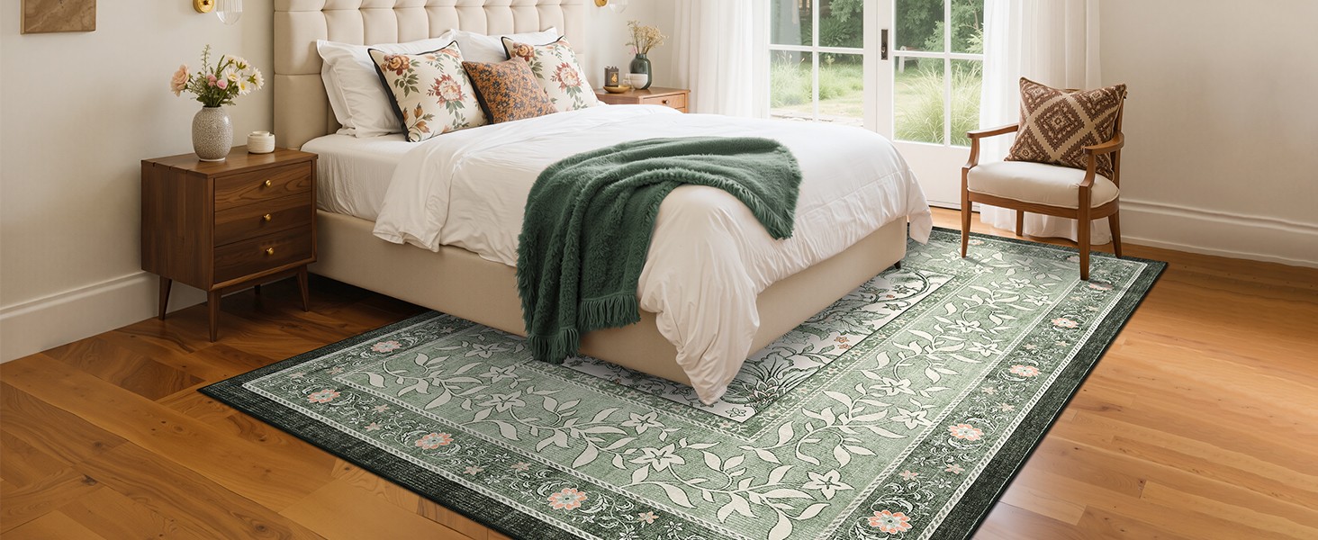 Provence 5×7 Area Rugs, Botanical Grove Sage Green Vintage Cottagecore Non-Slip