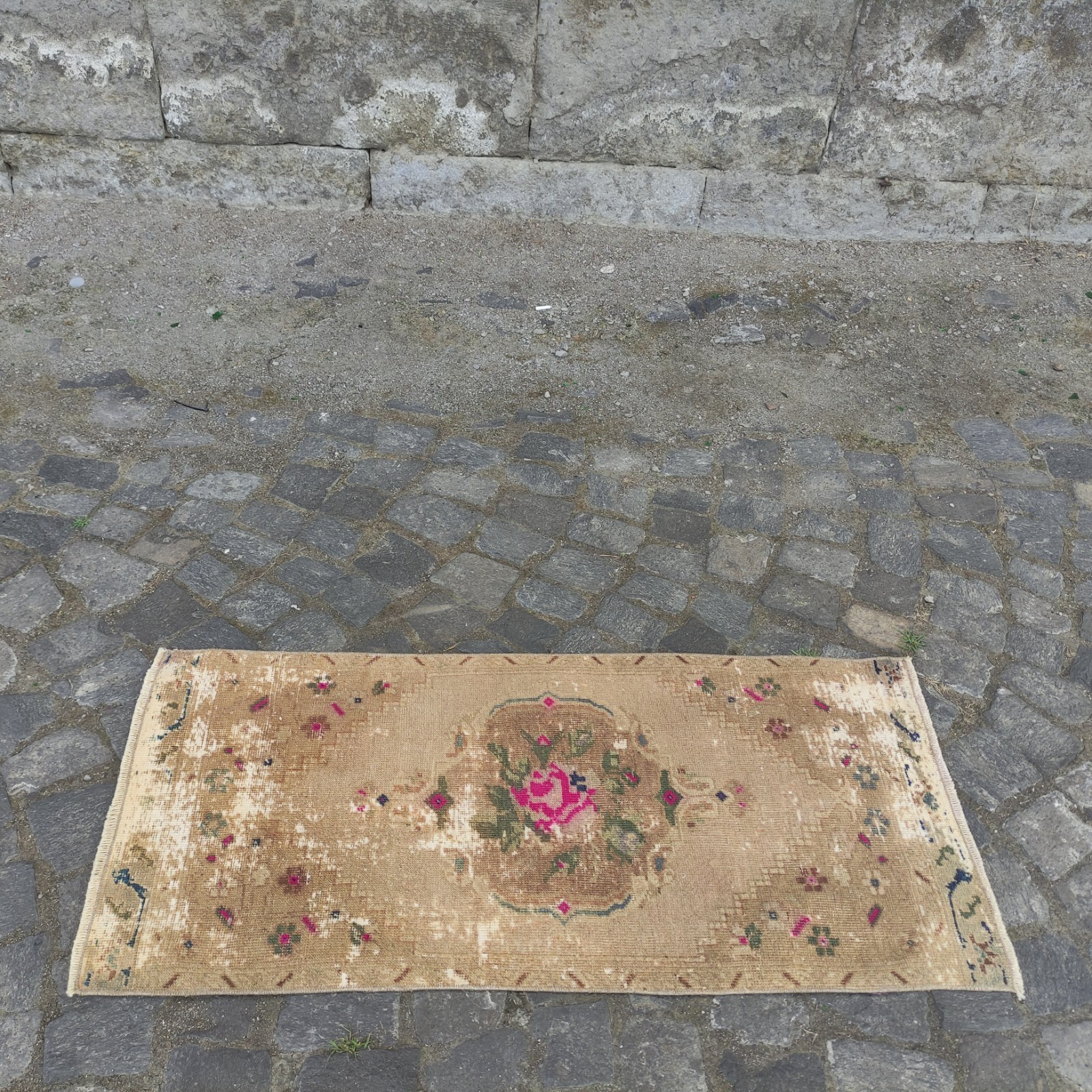 Roses Vintage rug 2×4 mini runner rug 1.74 x 3.74 ft. worn carpet 53 x 114 cm