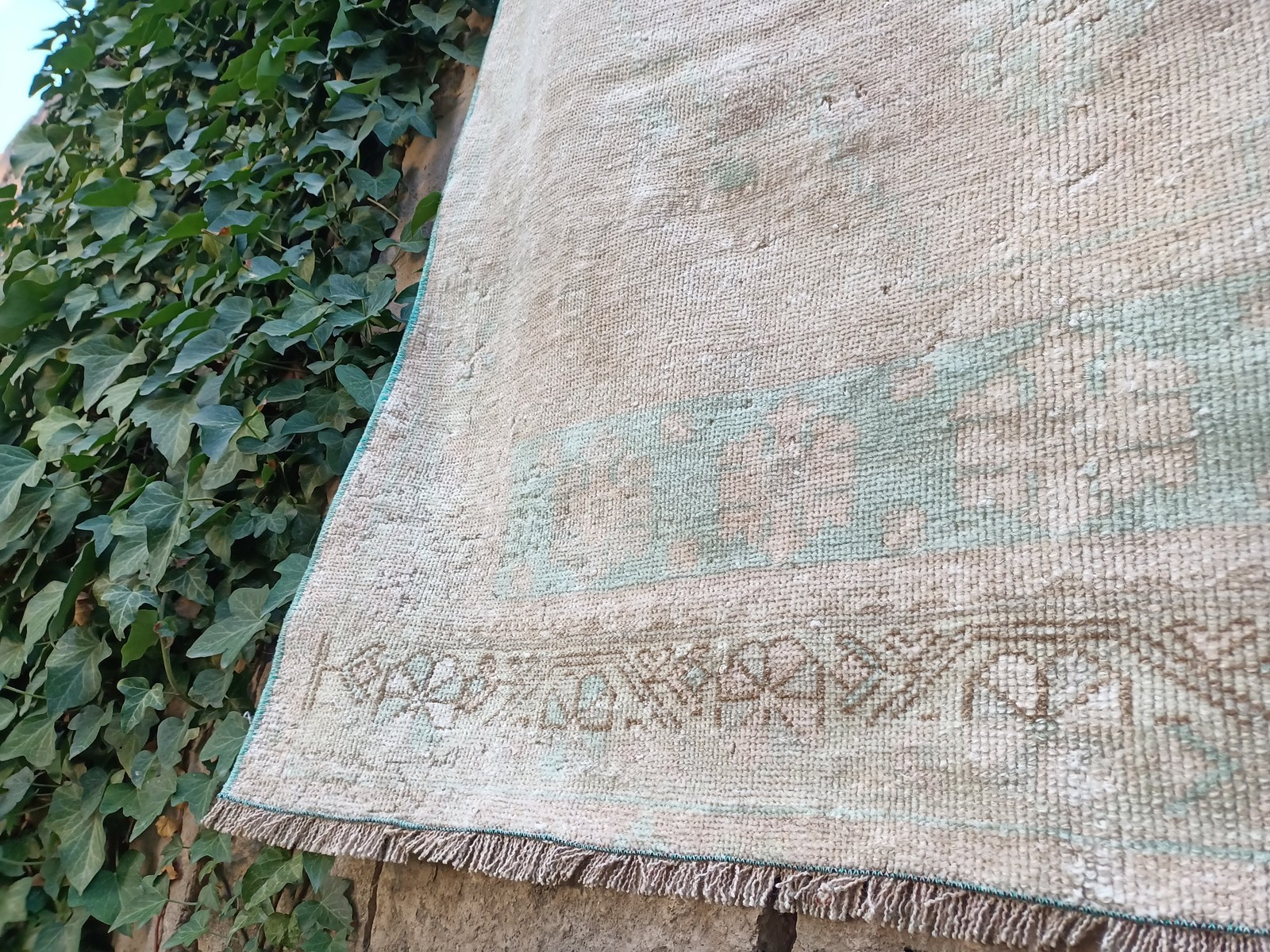 Muted Oushak Rug Vintage Turkish Handknotted Wool Area Rug 3.5×6.8 Feet