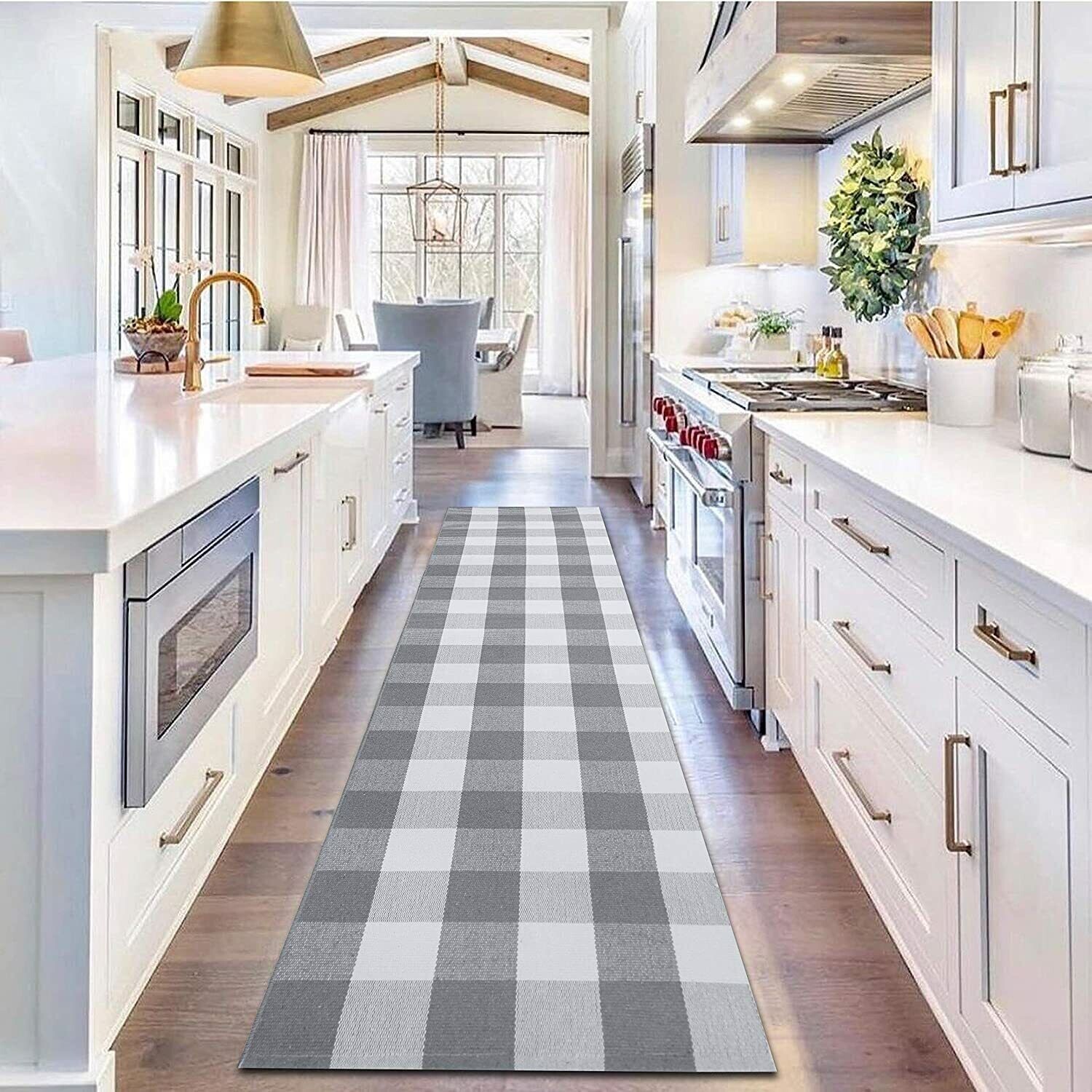 Buffalo Plaid Rugs Gray & White Washable Hand-Woven Runner Rug (7.5′ X 2′)