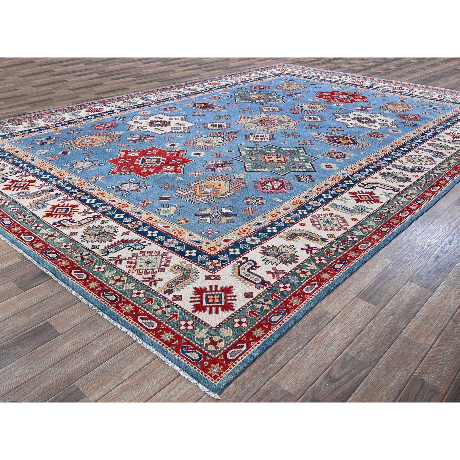 9’9″x14′ Blue Kazak with Star Medallions Design Hand Knotted Soft Wool Rug R528