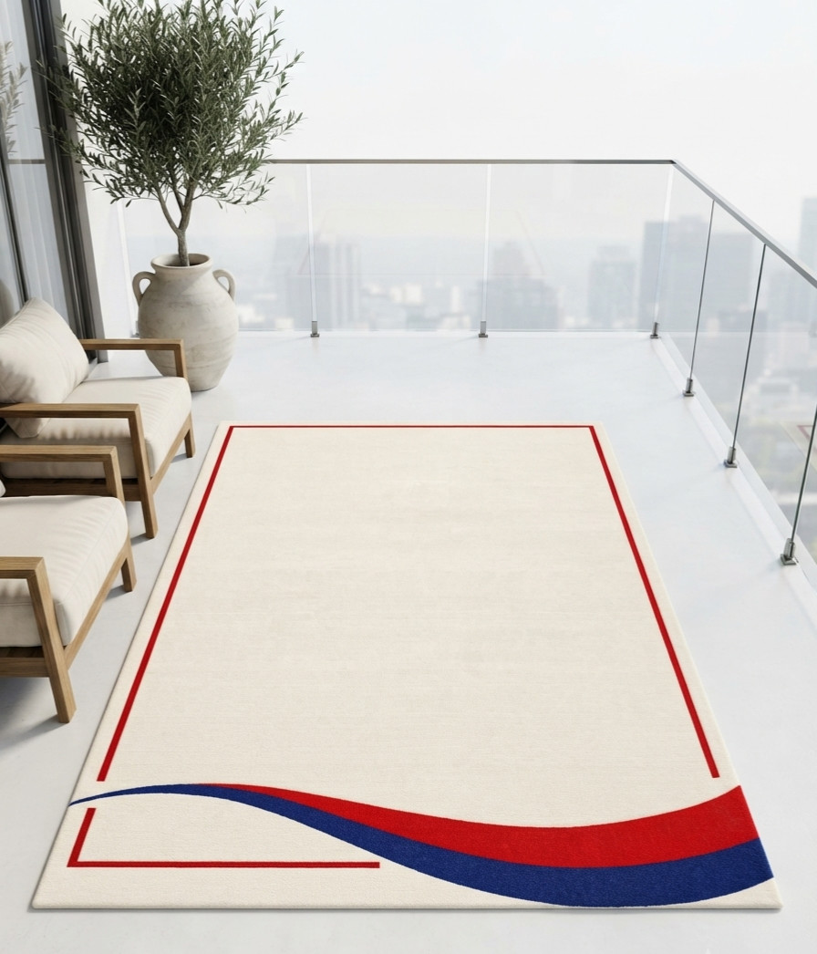 Hand Tufted Wool Area Rug Modern Ivory Red Blue Border Custom Size Carpet