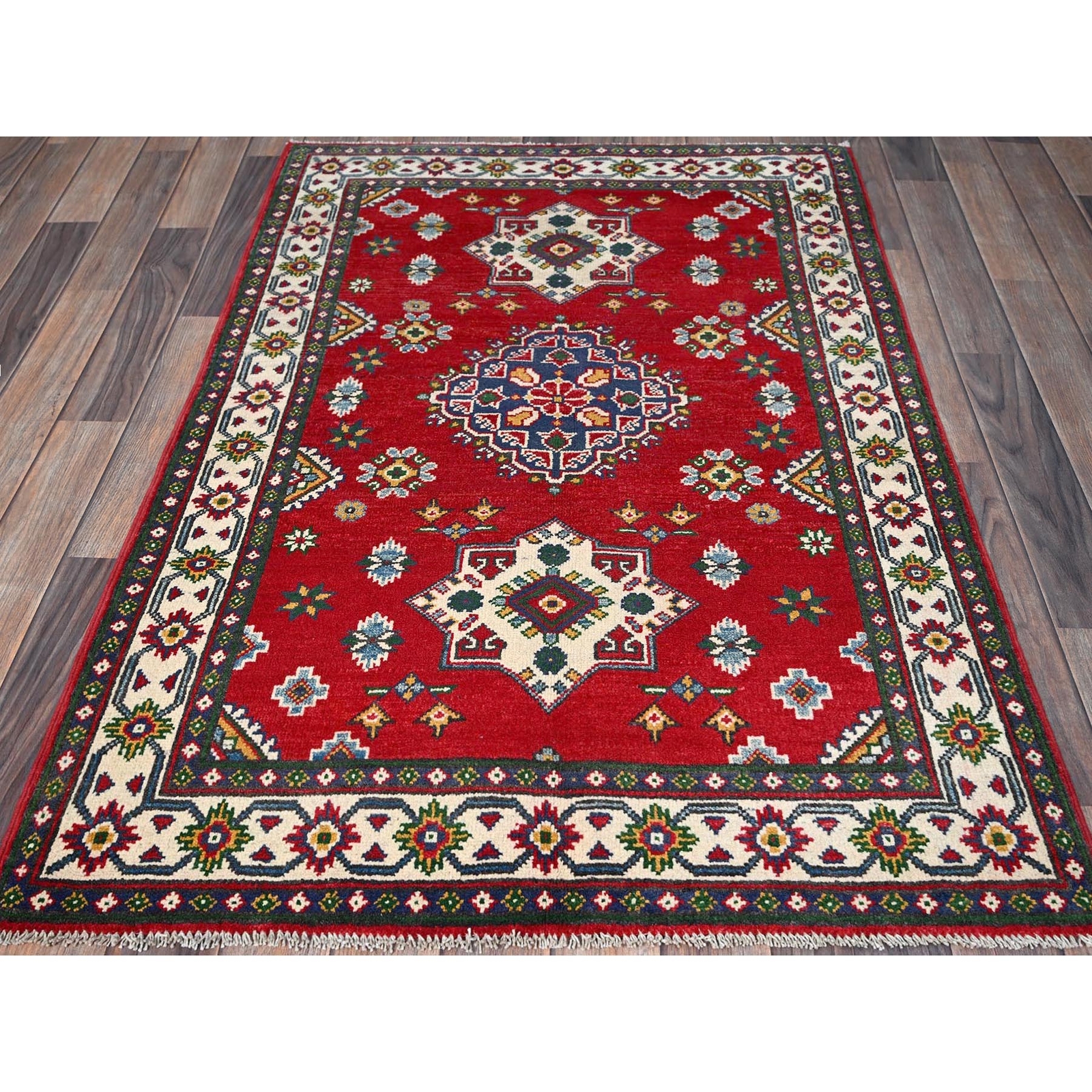 3’3″x4’9″ Berry Red Kazak Tribal Medallions Design Hand Knotted Wool Rug R348