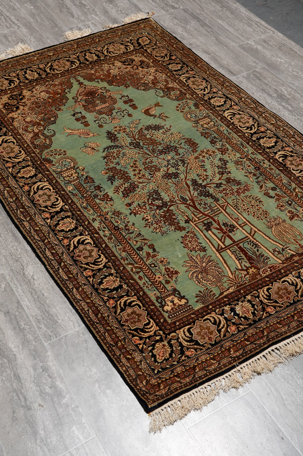 3.7 x 5.9 Green Silk Rug Perrsian Quum Carpet #LA-53273