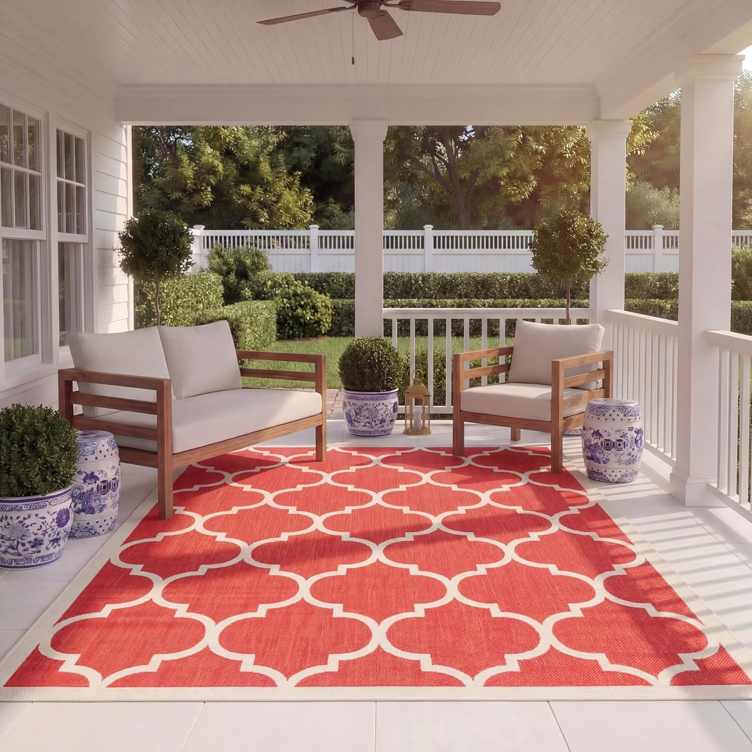 Outdoor Washable Rug – 6’7″ x 9’6″, Red & Bone, Easy Clean for Patio & More