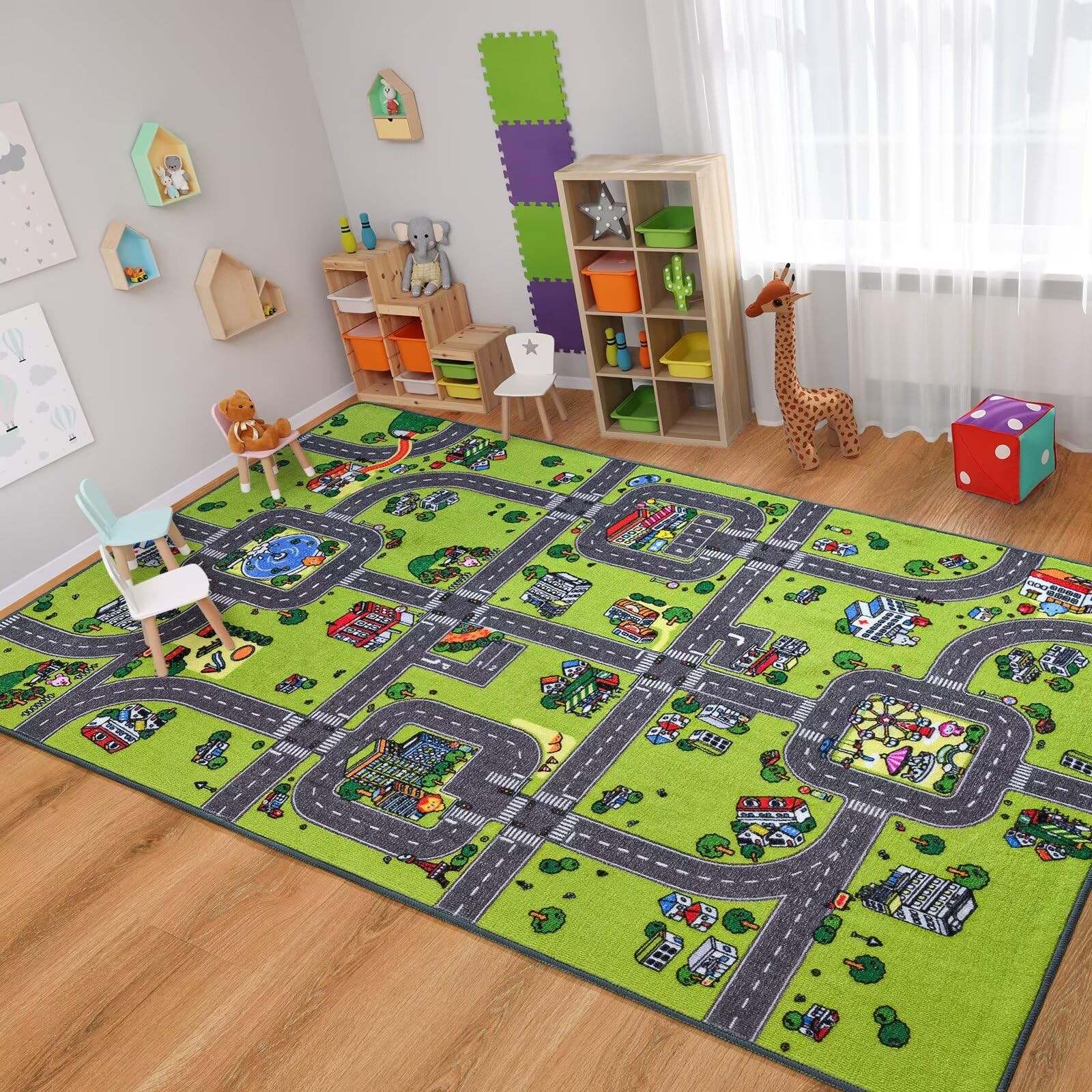 Kids Rug for Playroom Classroom, 4×6 Non Slip Kids Car Road Traffic Playmat f…