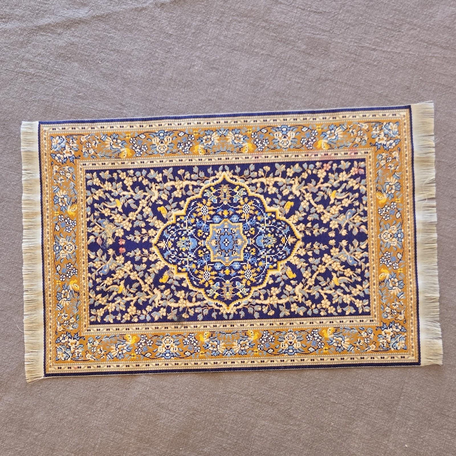 Doll House Floral Fringed Flat Woven Area Rug, Rectangle Blue Gold