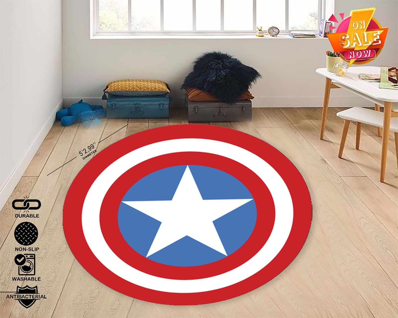 Superhero Star Shield Round Rug, Boys Room Play Mat, Hero Theme, Captain America