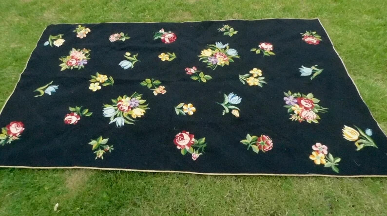 French Needlepoint Rug Large and HANDMADE 1960s Decor *REDUCED PRICE*