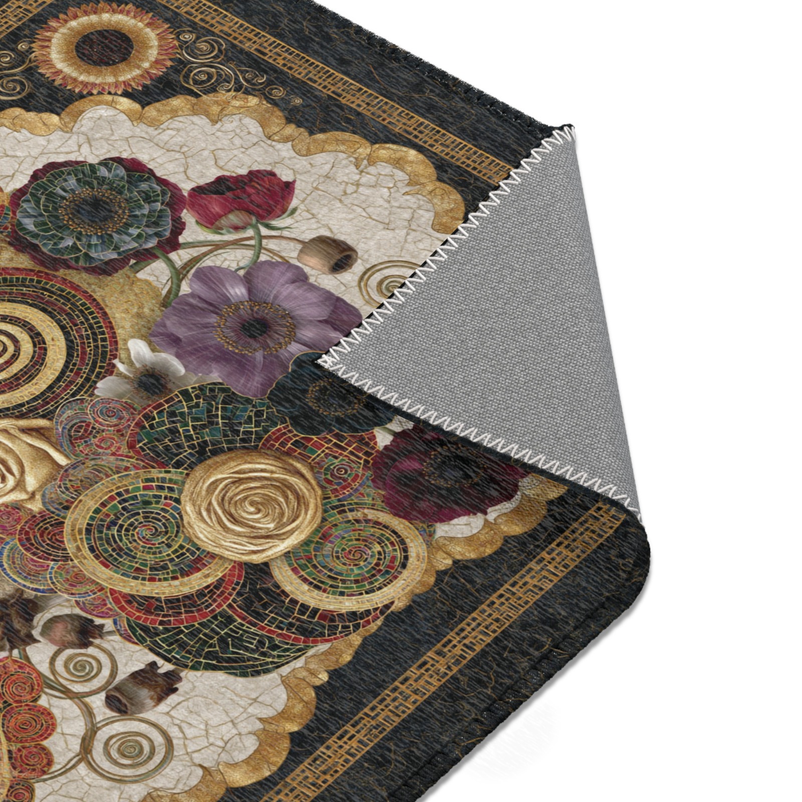 Mosaic Floral Area Rug, Dark Botanical Rose Circle Floor Rug, Klimt Style