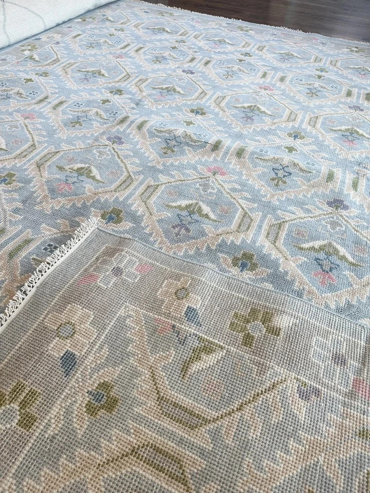 Hand Knotted Oushak Wool Rug Muted Blue Geometric Lattice Pastel Area Rug Carpet