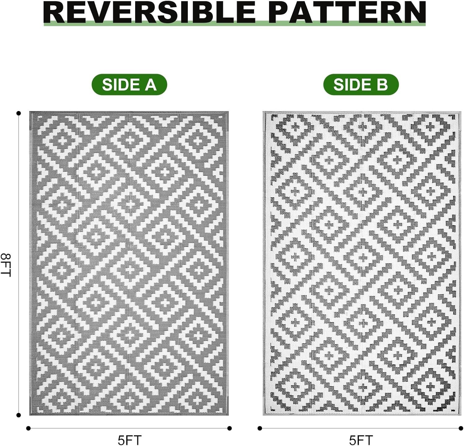 5×8 Feet Waterproof Outdoor Rug for Patios – Grey & White Geometric Design