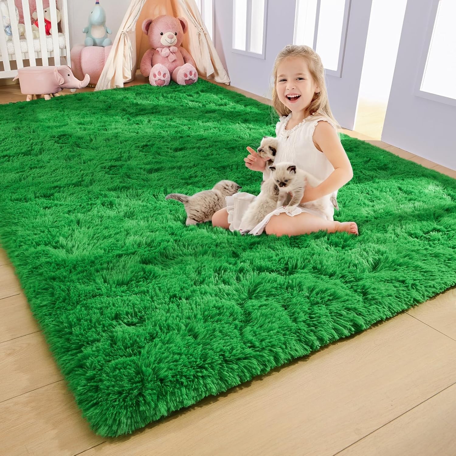 Fluffy Area Rugs 8×10 Green Soft Non-Slip Carpet for Living Room Bedroom Floor