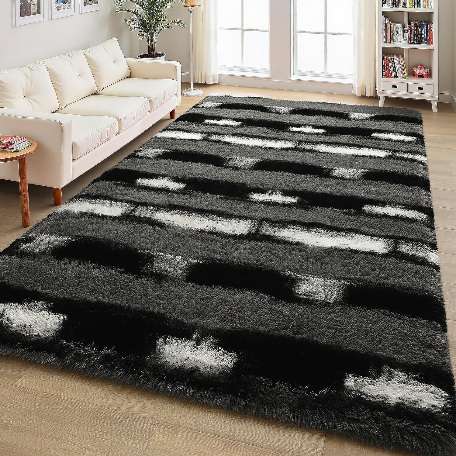 Fluffy Area Rugs for Bedroom Living Room, 4×6 Black and Grey Soft Plush Striped