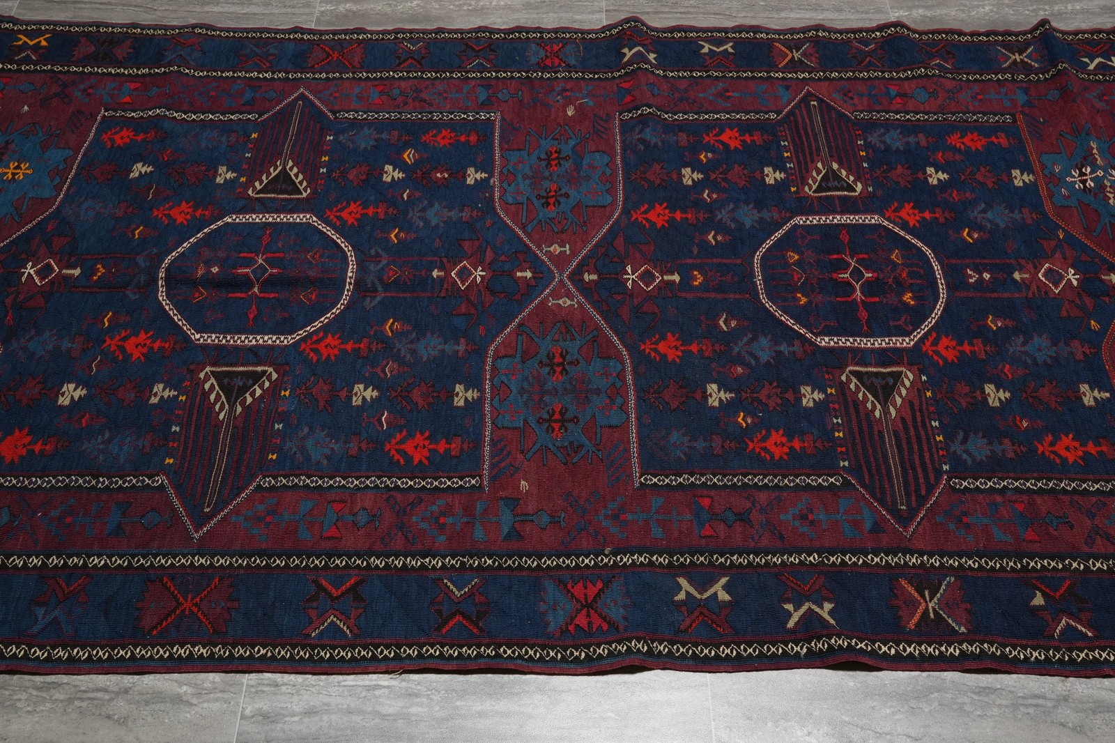 5 x 14.4 Antique Russian Sumaak Kilim Rug Eagle Kazak Pattern 1940’s #B-78955