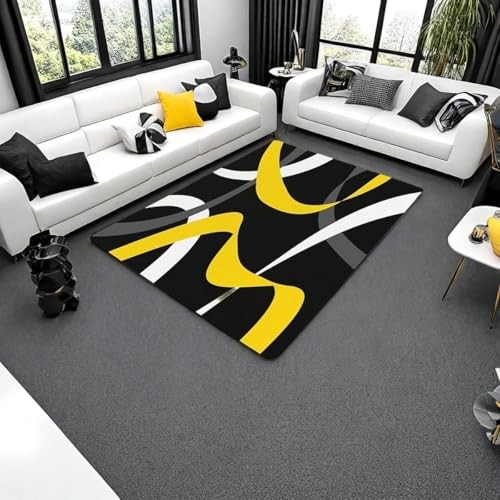 Grey Black Yellow Carpet Gray White Striped Abstract Indoor Floor Mat 4’11” x