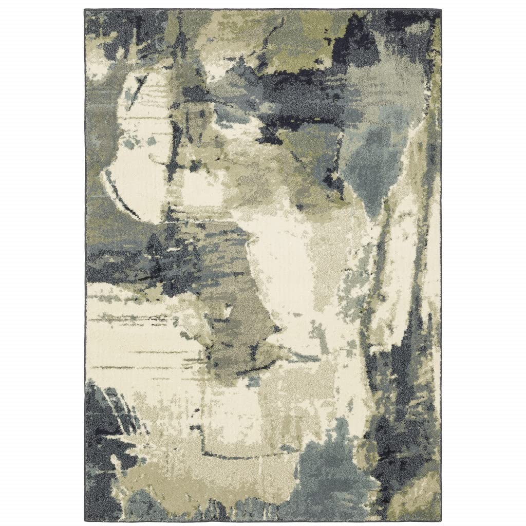 10′ X 13′ Blue Light Blue Grey Sage Beige And Ivory Abstract Power Loom Stain