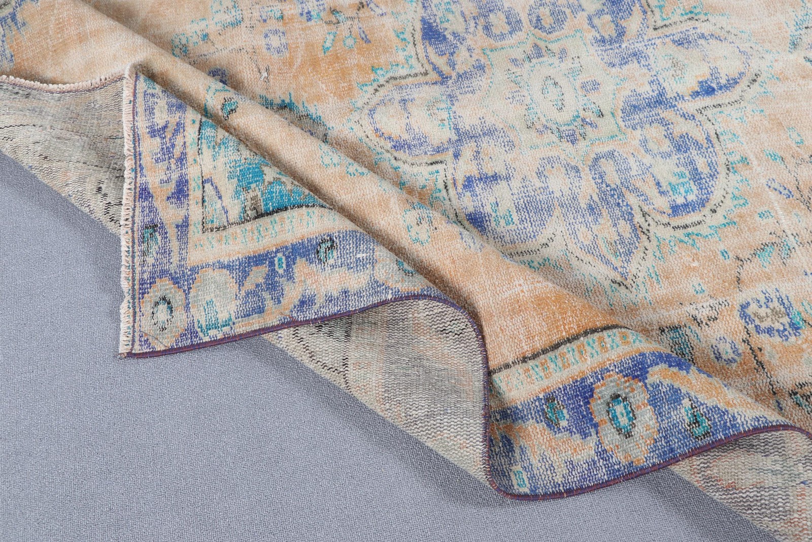 Turkish Large Rug, 5,3×8,2 ft Vintage Rug, Blue Check Wool Rug