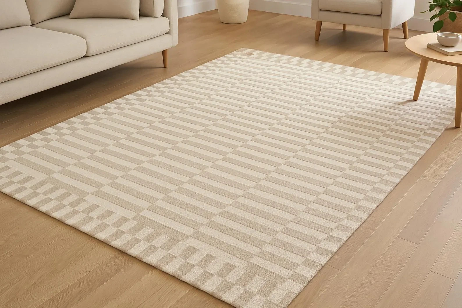 Hand-Tufted Loop & Cut Pile Area Rug – Contemporary Beige Ivory Stripe Design