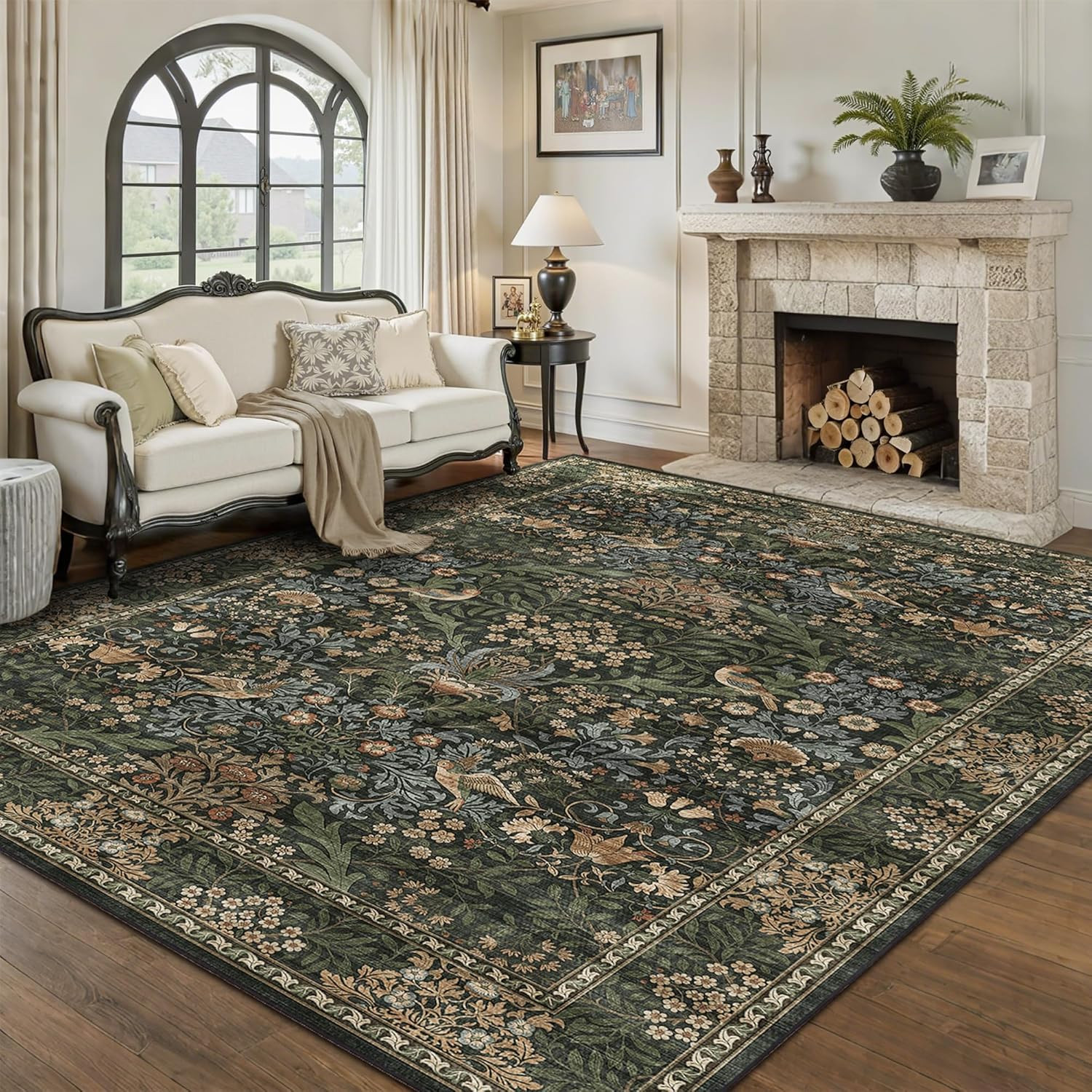 Vintage Boho Floral Washable Area Rug for Living Room & Bedroom, Non-Slip