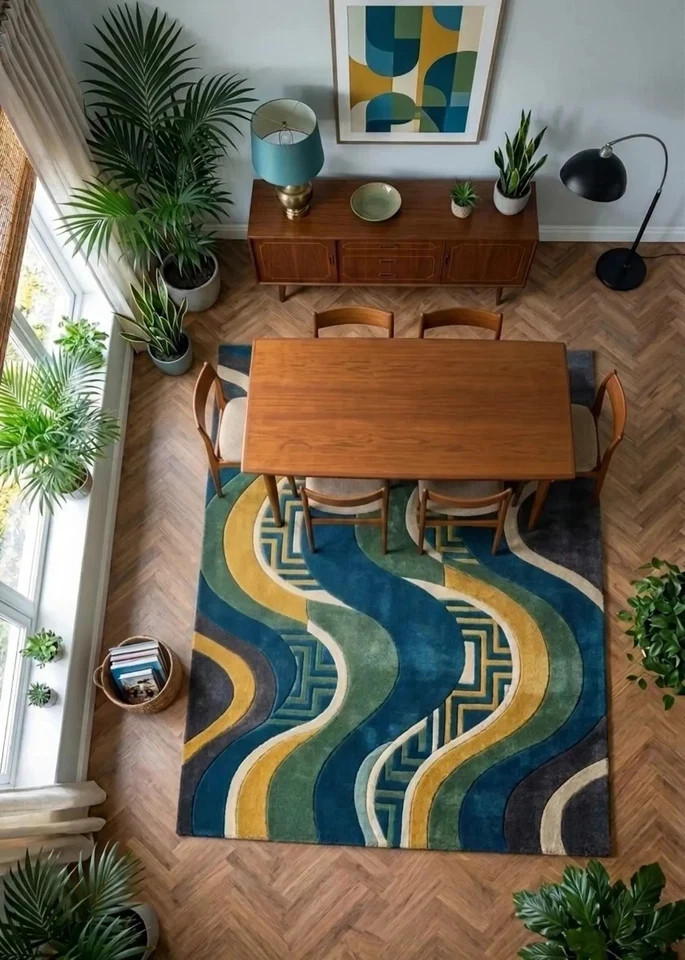 Hand Tufted 100% Wool Rug: Modern Abstract Wave Blue Green Area Carpet