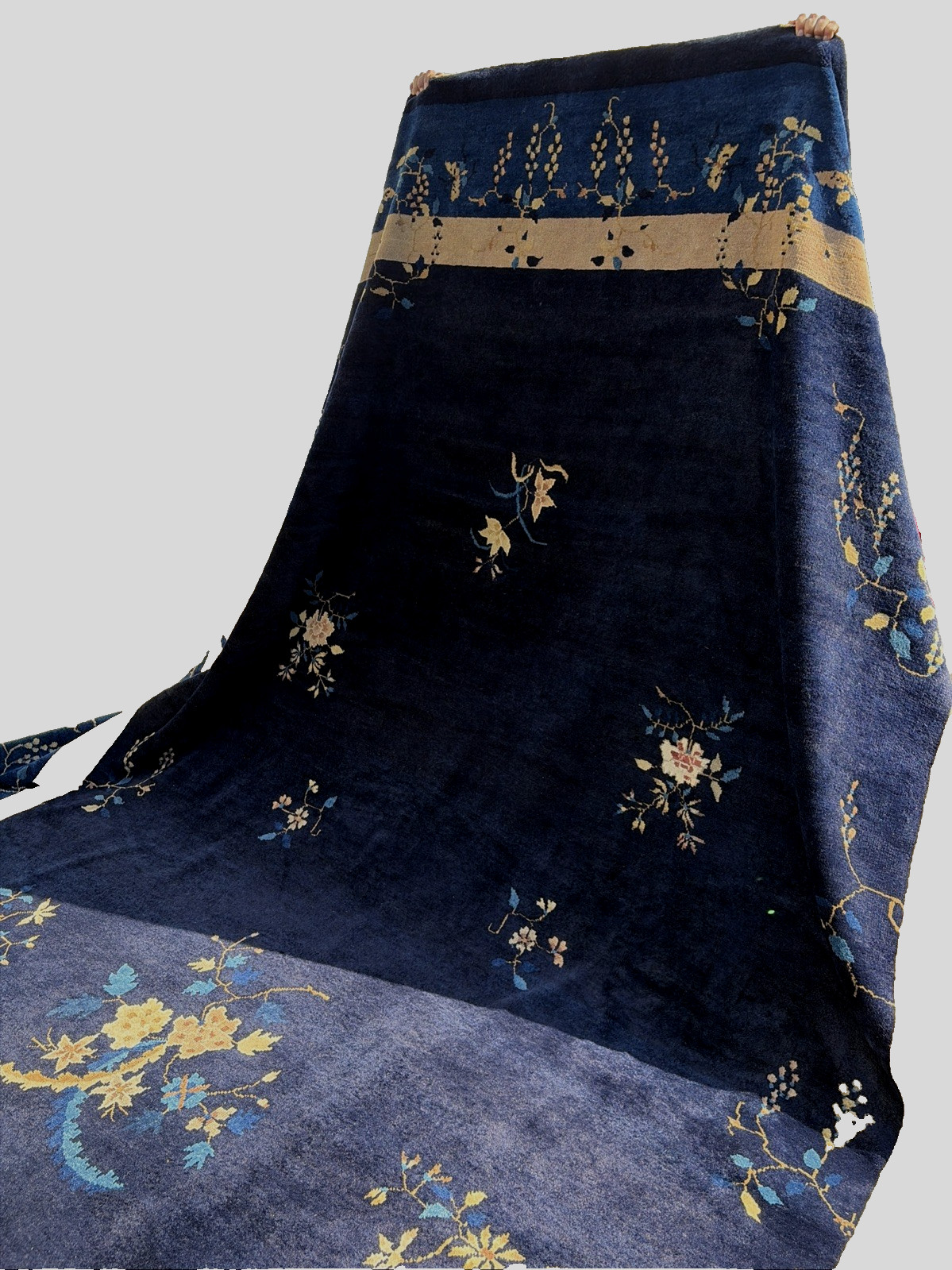 Auth: 19th C Antique Chinese Rug Silky Peking Variant indigo Blue 11×17